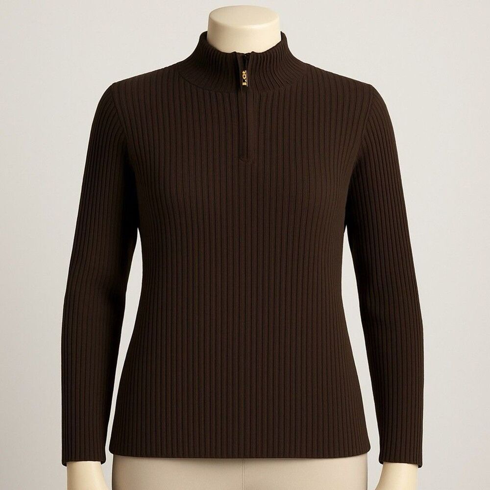 St John Sport by Marie Gray Ribbed Mock Neck Sweater Brown 1/4 Zip Size Large